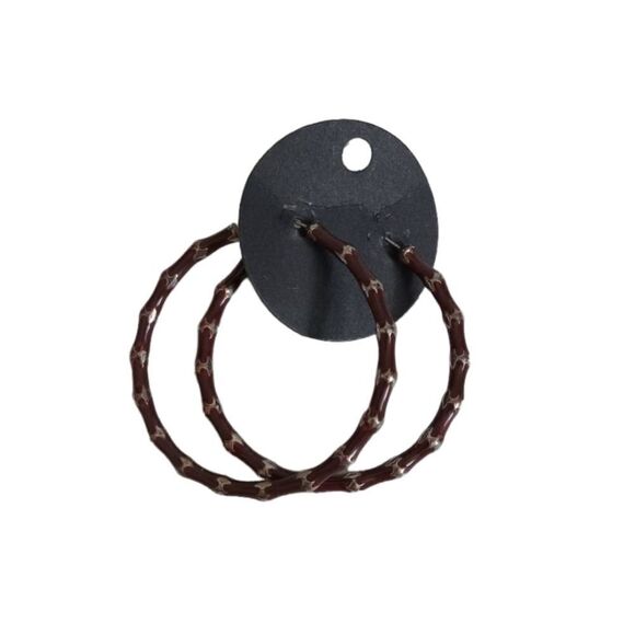 Dark Brown Enamel & Silver Toned Bamboo Style Thin Metal Hoop Fashion Earrings - Picture 1 of 8